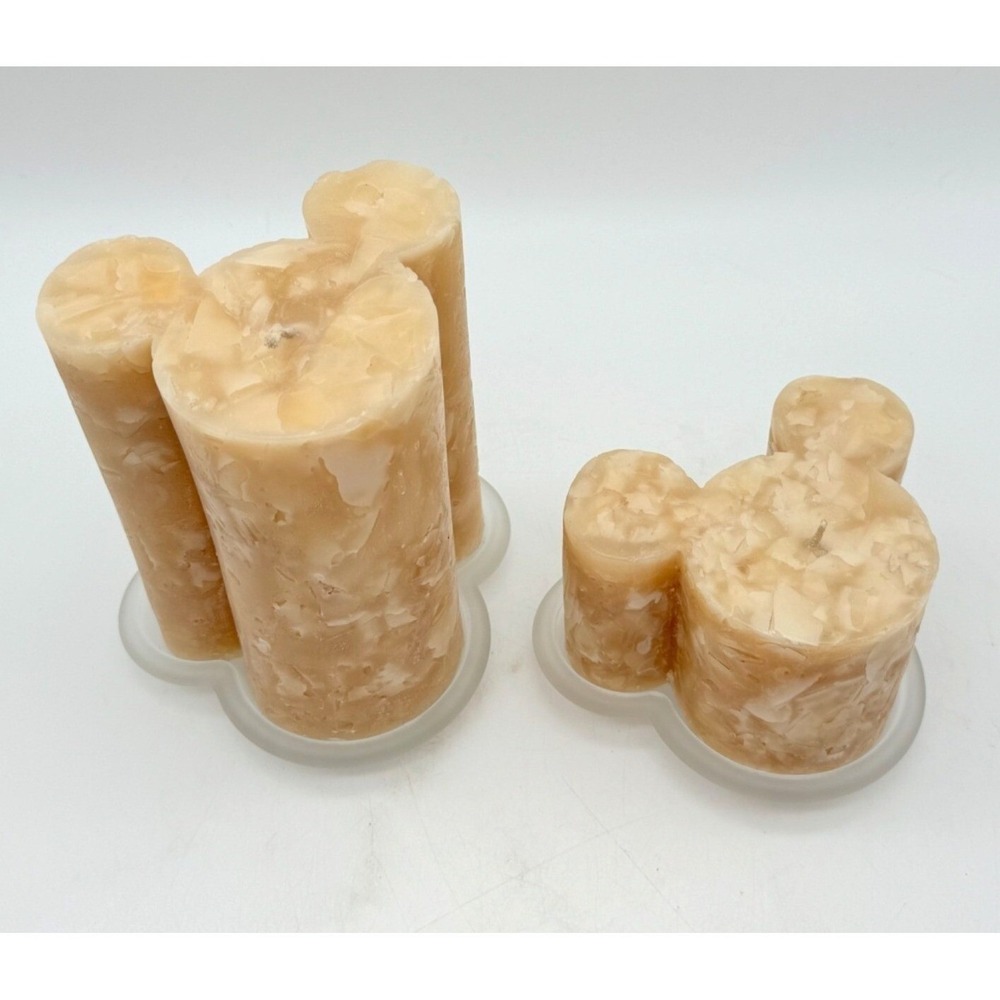 Disney Mickey Mouse Pillar Candle Set 2pc Tan Chunk Wax & 2 Frosted Glass Bases